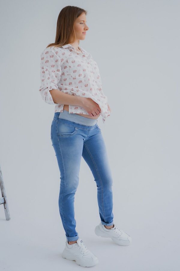 blue maternity jeans with demi panel, super comfy stretch maternity jeans