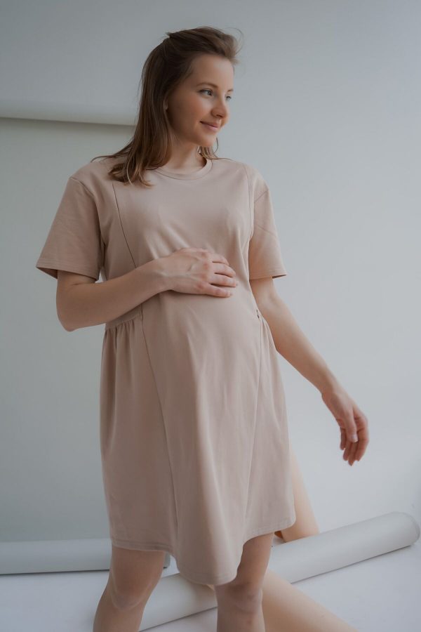 maternity nursing short sleeve dress, warm sand color