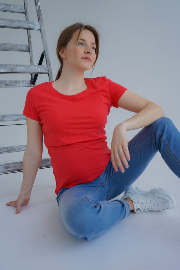 red maternity nursing friendly short sleeve shirt