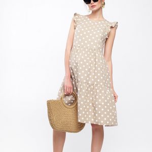 beige with white polka dot maternity dress, maternity clothing boutique