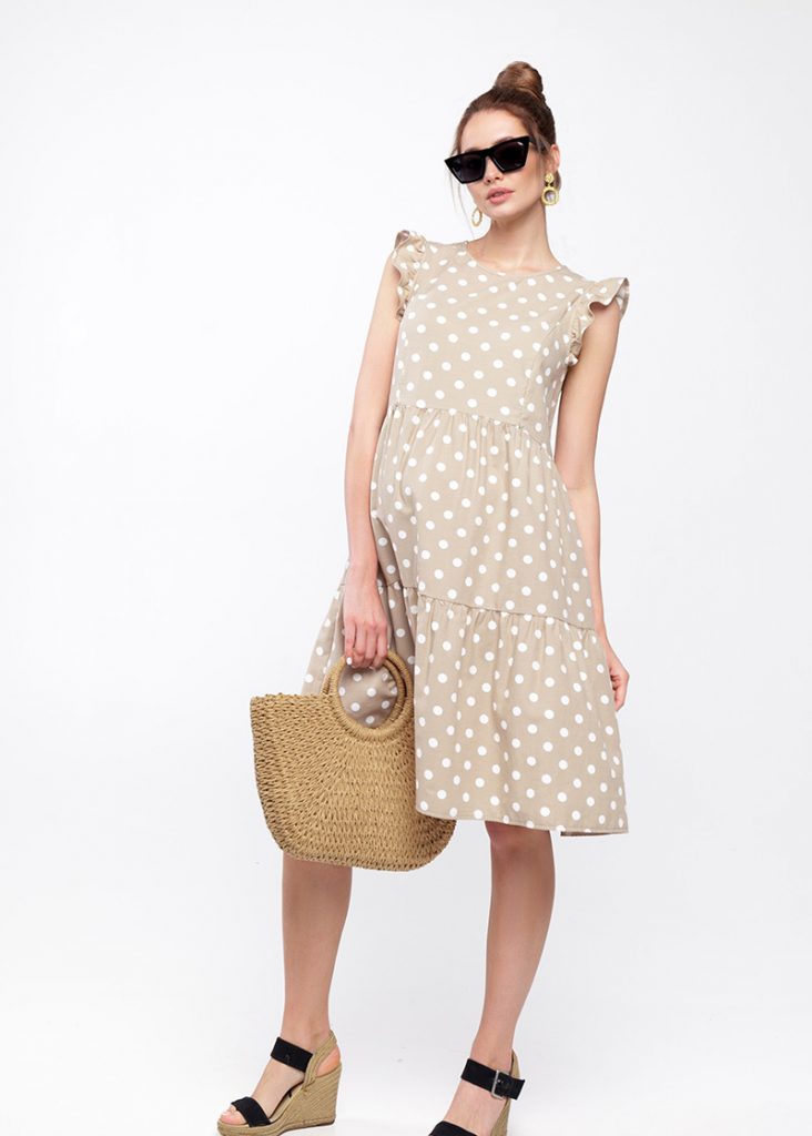 beige with white polka dot maternity dress, maternity clothing boutique