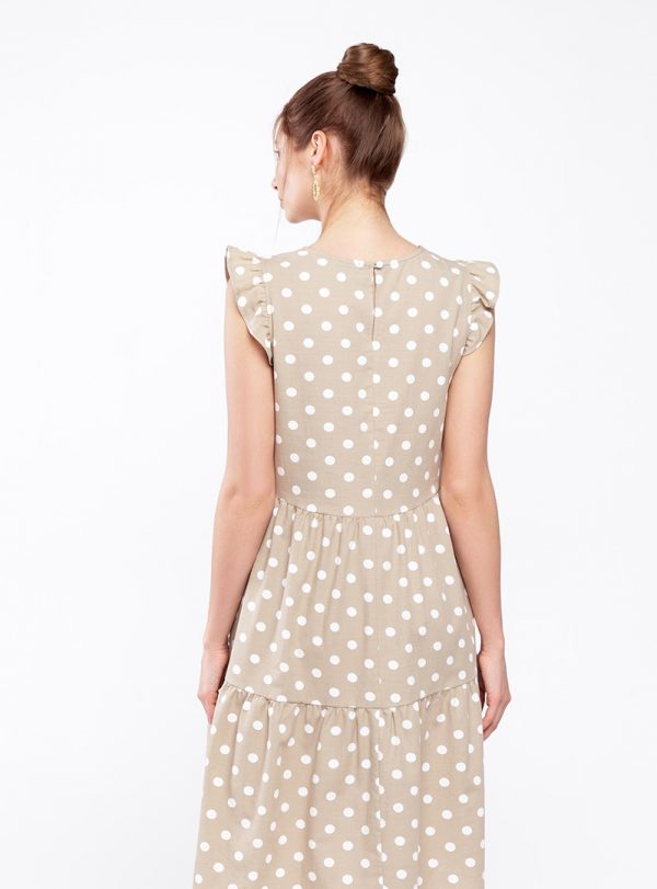 back view of the maternity dress, beige with white polka dot maternity dress