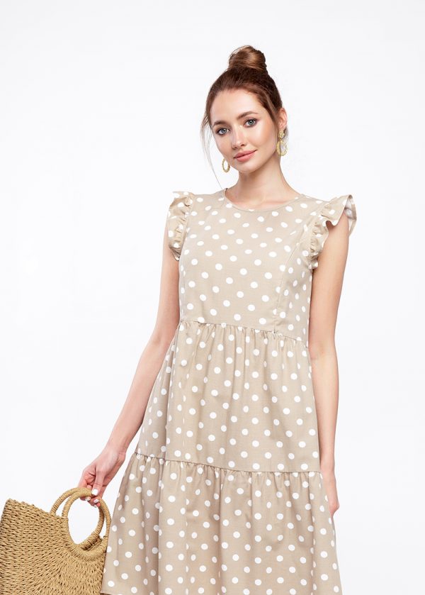 beige with white polka dot maternity dress, nursing friendly dress, short sleeve maternity dress