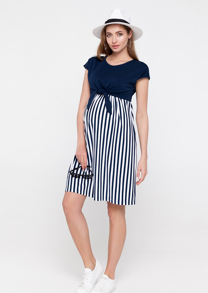 Maternity Nursing Friendly Short Sleeve Dress 70011 Navy Blue Stripe Supershy