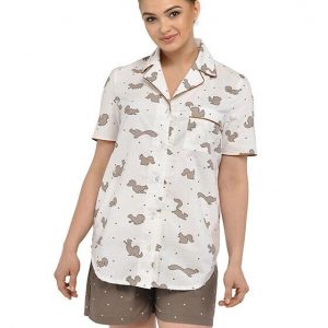 maternity pajamas white with squirrel print and brown shorts