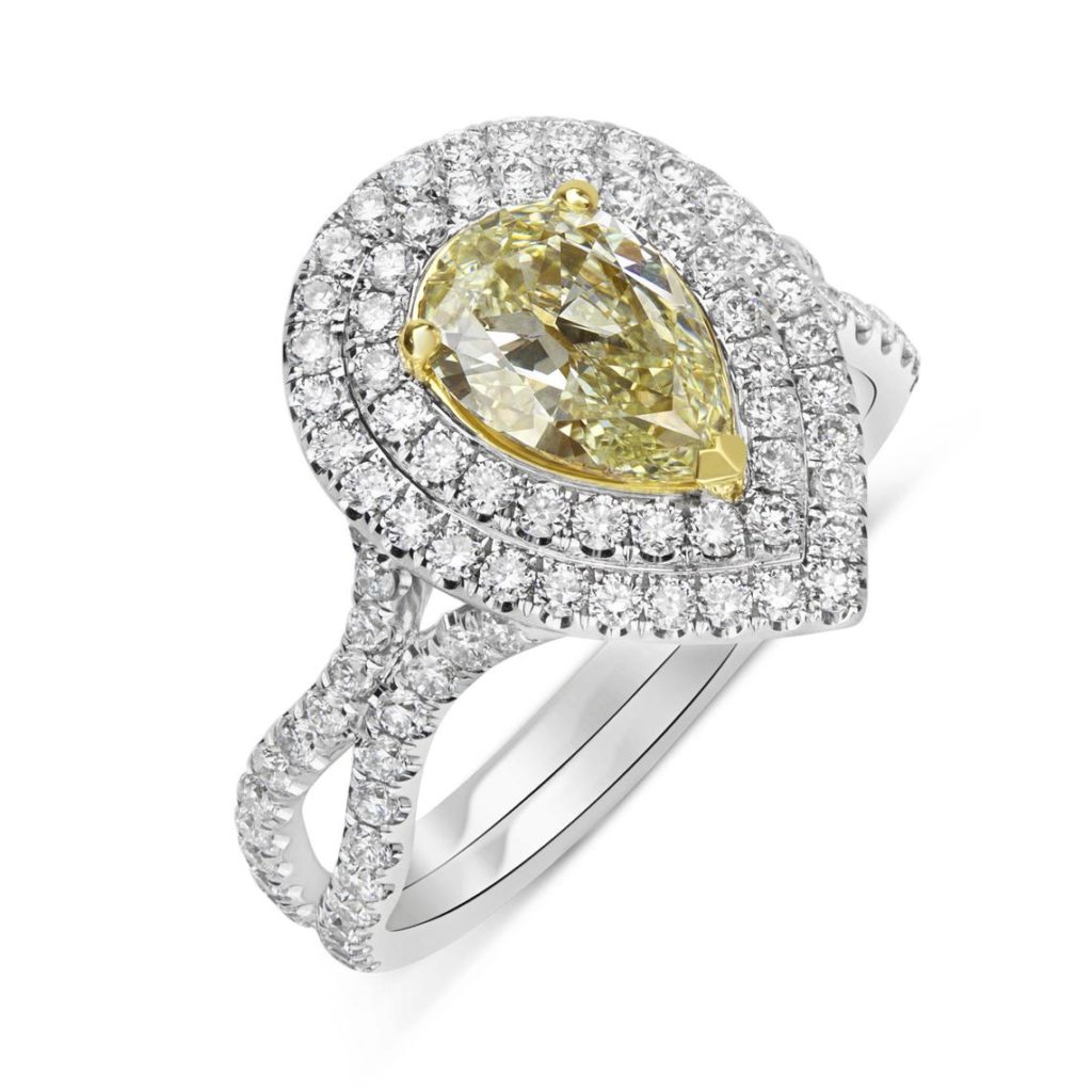 Double Halo Pear Shape Yellow Diamond Ring