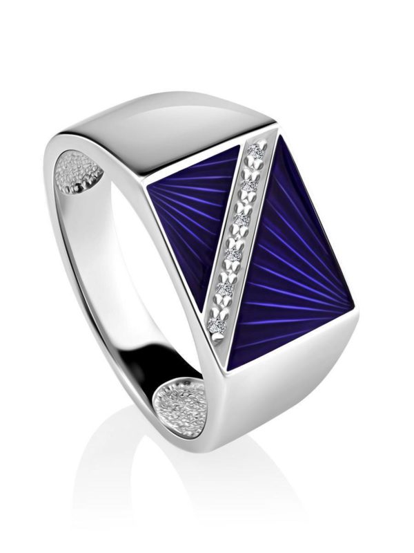 GEOMETRIC SILVER SIGNET RING WITH ENAMEL AND DIAMONDS