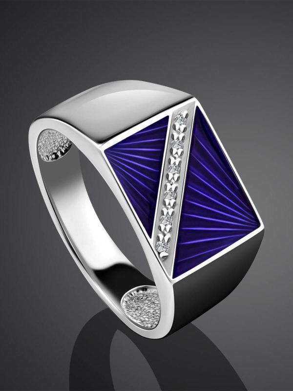 GEOMETRIC SILVER SIGNET RING WITH ENAMEL AND DIAMONDS