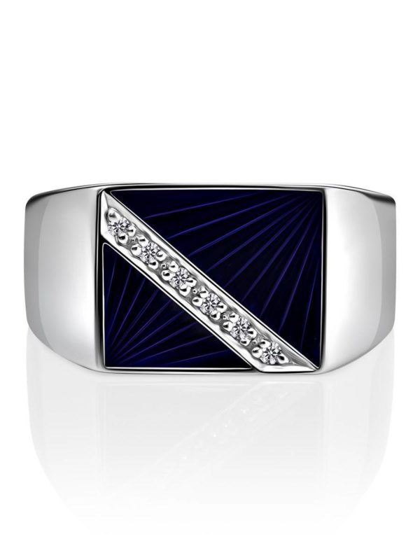 GEOMETRIC SILVER SIGNET RING WITH ENAMEL AND DIAMONDS