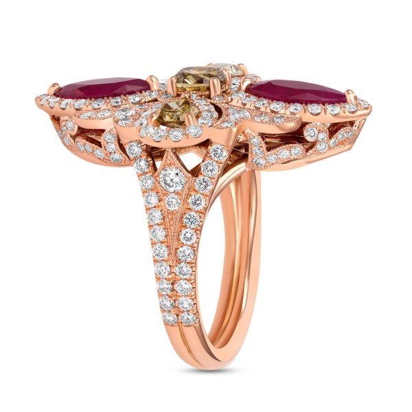 Marquise Burma Ruby Ring with Champagne Diamonds on 18K Rose Gold