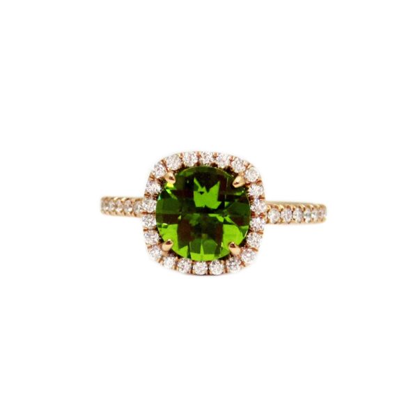 Halo Ring with Peridot and Diamonds in 14K Rose Gold